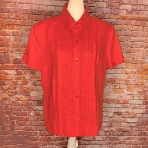 Due Per Due Veste Orange Floral Embroidered Linen Button Down Blouse